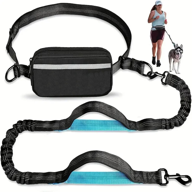 Running Gear Dog - สายจูงสุนัขฟรีพร้อมกระเป๋าซิป สายจูงแบบมีหูจับบุนวมสองชั้นสำหรับสุนัขขนาดกลางและขนาดใหญ่ สายจูงสุนัขแบบยืดหดได้