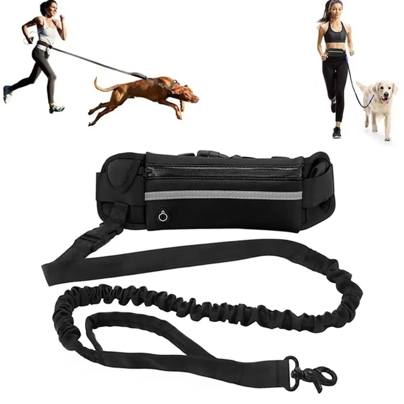 Running Gear Dog - สายจูงสุนัขแบบสะท้อนแสงแบบแฮนด์ฟรี สายจูงสัตว์เลี้ยงแบบยืดหดได้พร้อมกระเป๋าคาดเอวสำหรับวิ่งและพาสุนัขเดินเล่น อุปกรณ์สำหรับสัตว์เลี้ยง