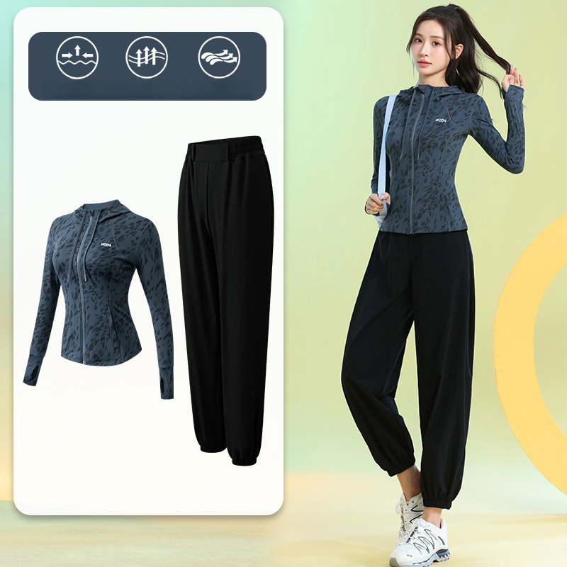 Running Gear For Women - ชุดวิ่งผู้หญิงแขนยาวลายดอกไม้ ซิปฮู้ดดี้ กางเกงจ็อกเกอร์ แห้งเร็ว 2 ชิ้น